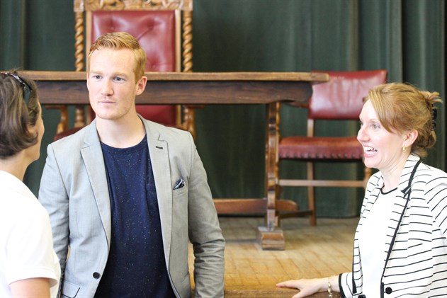 Olympic Long Jump Champion Greg Rutherford chats to Head of Physical Education, Mrs Helen Bailey and  Principal Ms Jo Riches